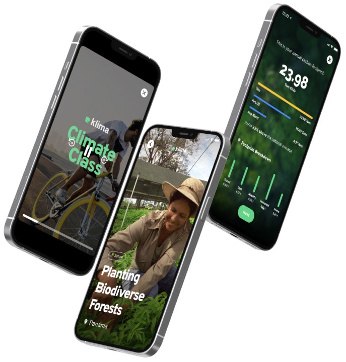 Three smartphones showcasing the Klima app